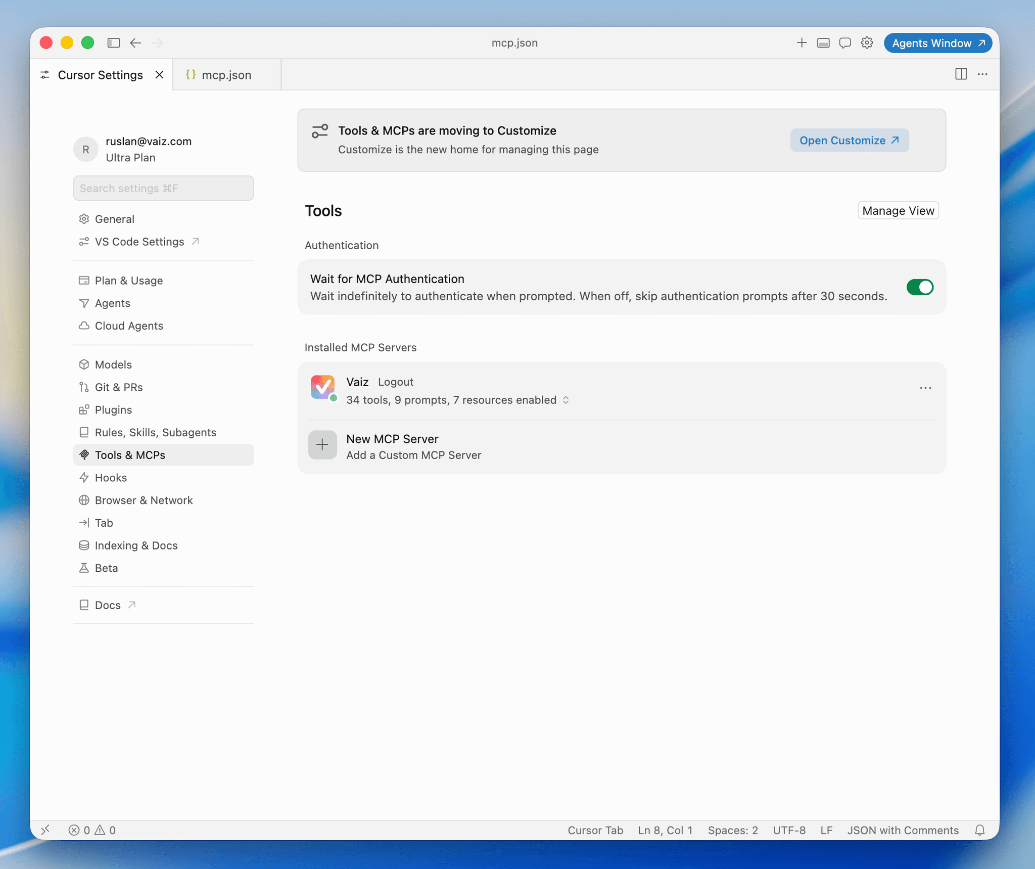 Vaiz MCP server connected in Cursor with tools enabled