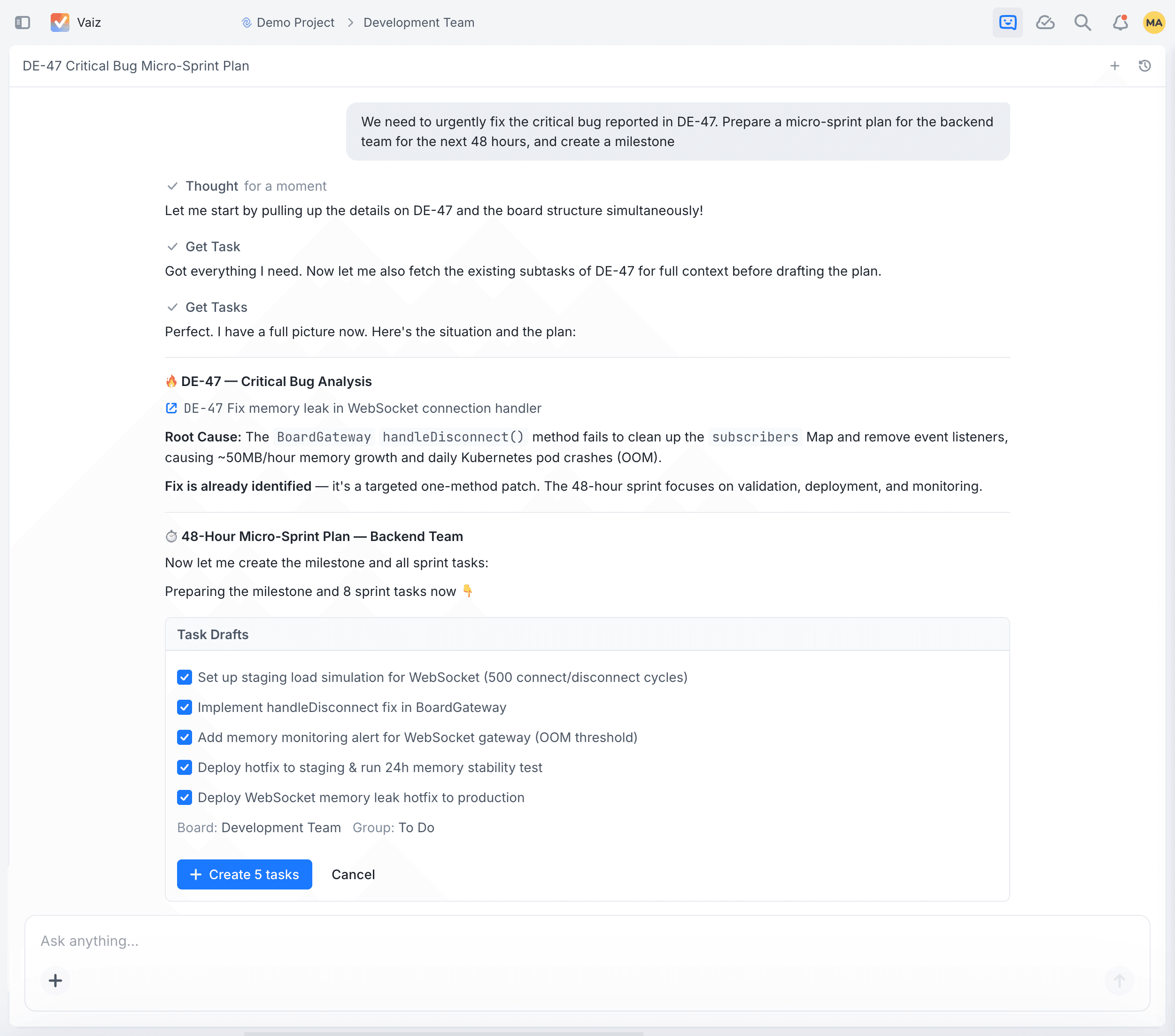 Vaiz AI chat generating a micro-sprint plan with tasks