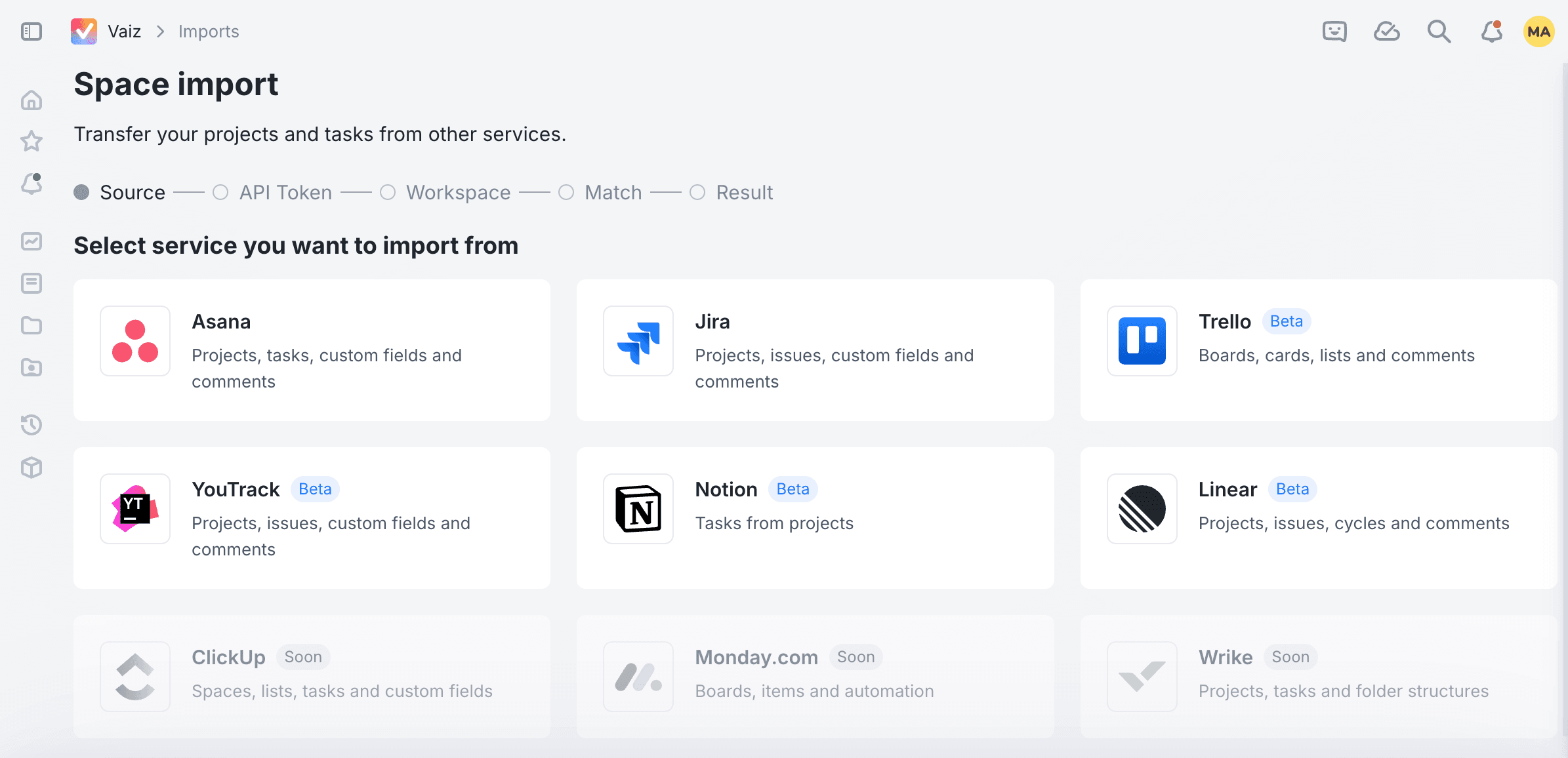 Vaiz Migration Center with Asana import